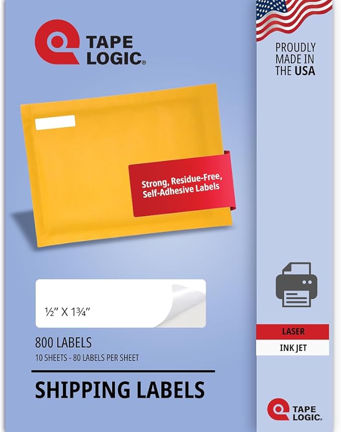 TAPE LOGIC Printable Self-Adhesive ½ x 1 ¾” White Laser Labels (10 Sheets of 80) | 800 All Purpose Blank Sticker Label, Office & Personal Supplies for Address Shipping & Mailing