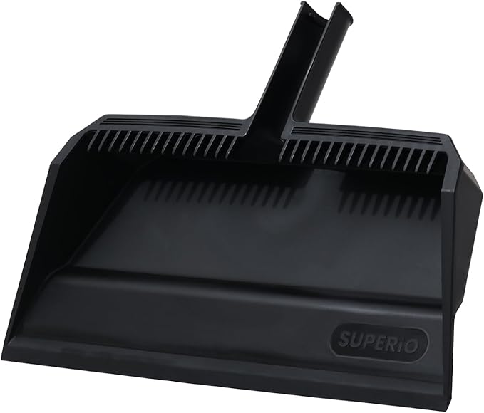 Superio 3-Pack Wide Plastic Dustpan with Comb - 16" Wide, Rubber Lip, Broom Handle Clip, Black