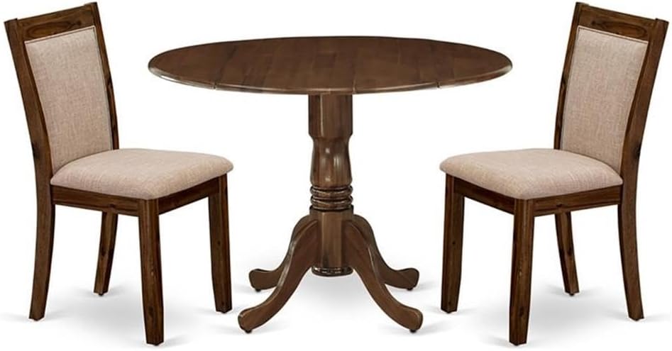 East West Furniture DLMZ3-AWN-04 3 Piece Dinette Set for Small Spaces Contains a Round Dining Table with Dropleaf and 2 Light Tan Linen Fabric Parsons Dining Chairs, 42x42 Inch, Natural Walnut