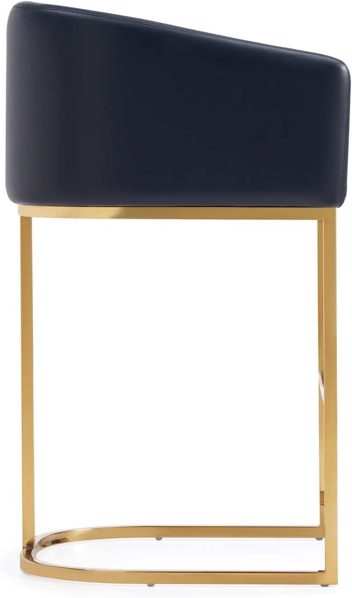 Manhattan Comfort Louvre 26 Inch Mid Century Modern Counter Height Bar Stools - Elegant Faux Leather Padded Seat, Stainless Steel Base with Footrest, Fully Assembled Barstools, Set of 2, Black & Gold