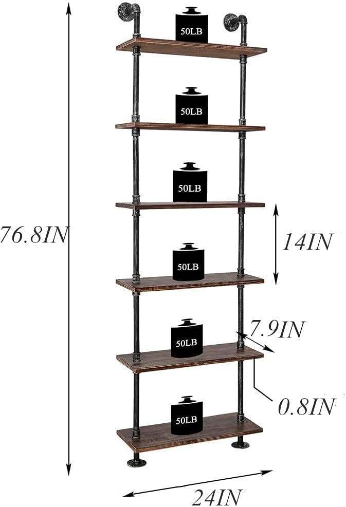Industrial Pipe Bookshelves Rustic Wall Ladder Bookshelf Display Storage Stand Shelf Bookcase for Living Room, Kitchen, Office (6 Tier)
