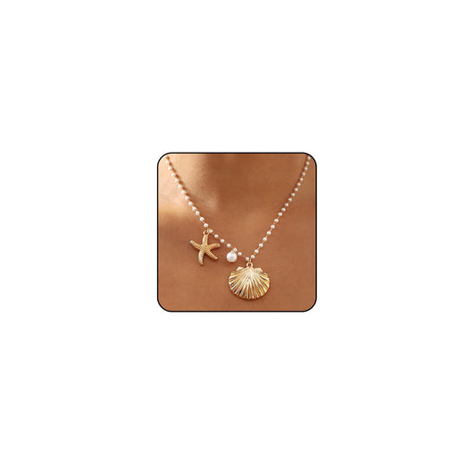 Starfish Necklace Gold Beach Jewelry for Women Pearl Seashell Necklace Cowrie Shell Beach Necklaces Ocean Summer Starfish Jewelry (5 - gold)