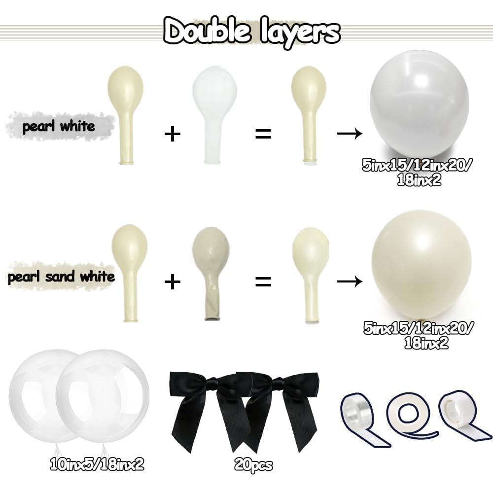 White Balloon Garland Arch Kit, Double Stuffed Cream Ivory Sand White Pearl Balloons with Bow Clear Balloon for Bridal Wedding Baby Shower Birthday Valentine‘s Day Party Decorations