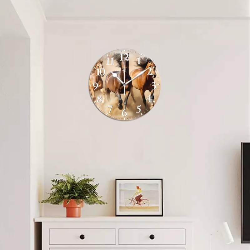 Horses Wall Clock Non-Ticking Silent Clocks Battery Operated Analog Decor Clock for Home-Horses Running Through The Desert Dust Flying(14inch)