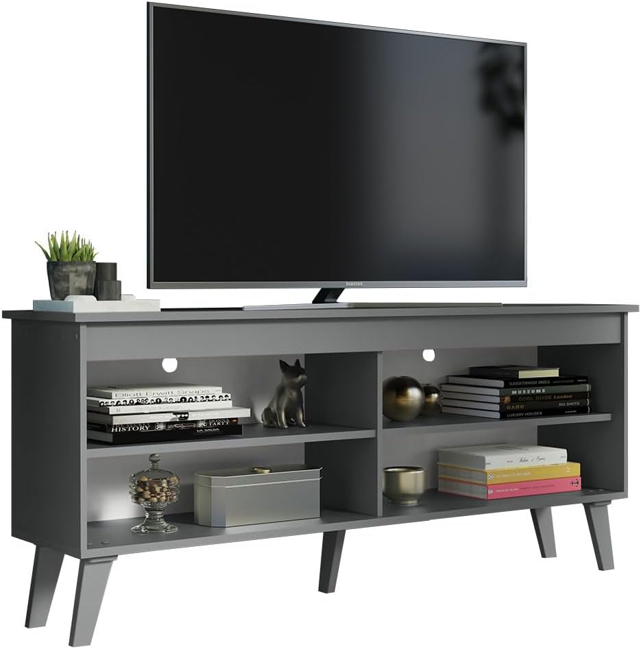 Madesa Compact TV Stand Cabinet with 4 Shelves and Cable Management for 50, 55 Inch TV Media Storage Unit Living Room and Bedroom Modern Wooden Television Media Console - Grey