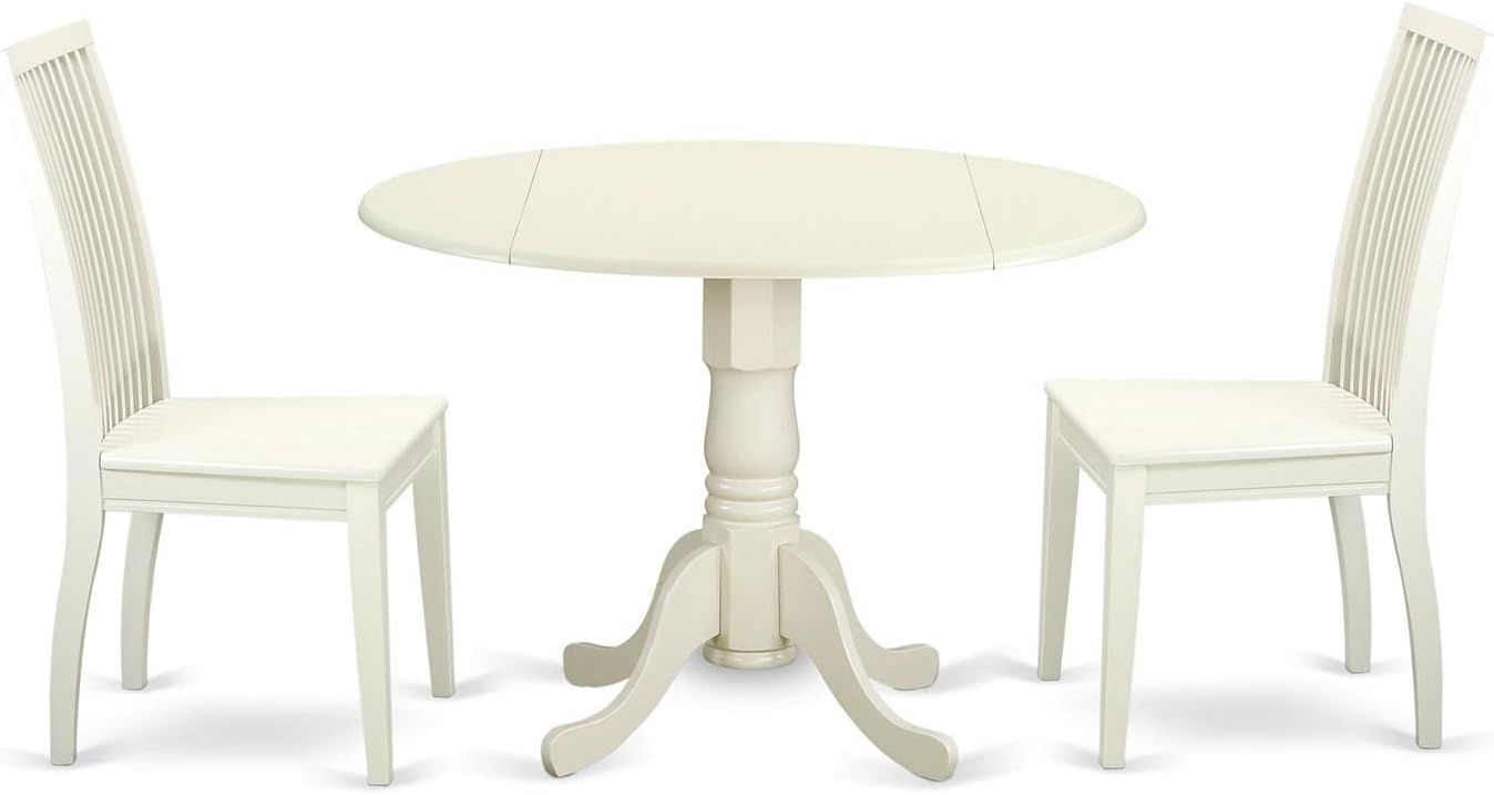 East West Furniture DLIP3-LWH-W 3 Piece Kitchen Table Set for Small Spaces Contains a Round Dining Table with Dropleaf and 2 Dining Room Chairs, 42x42 Inch, Linen White