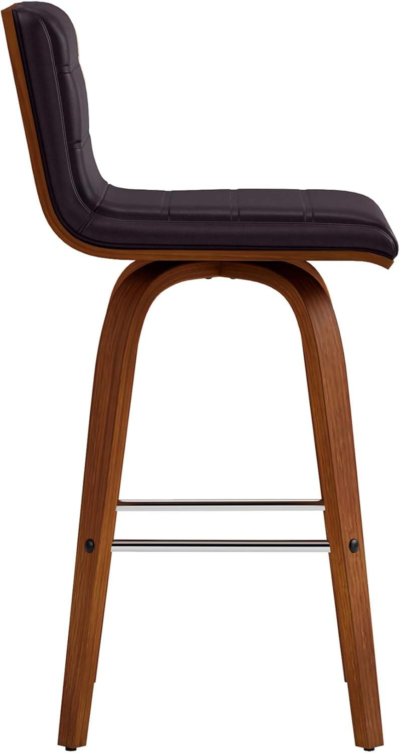 Armen Living Vienna 26" Swivel Counter Stool in Walnut Wood Finish with Brown Faux Leather - Set of 2