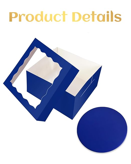 qiqee 12x12x6 Cake Box, 18 Sets Deep Blue Cake Box with Window ＆ 18 Sets 12" Deep Blue Cake Round Boards, 12inch Cake Containers