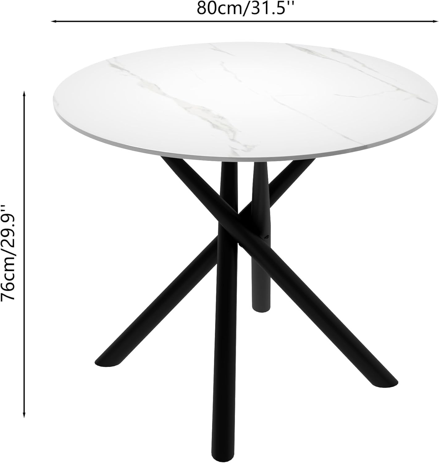 White Marble Round Dining Table with Black Metal Legs, 32 in Modern Sintered Stone Kitchen Table Circle Table for Dining Room Kitchen
