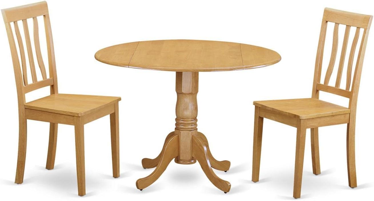 East West Furniture DLAN3-OAK-W 3 Piece Dinette Set for Small Spaces Contains a Round Dining Table with Dropleaf and 2 Dining Room Chairs, 42x42 Inch, Oak