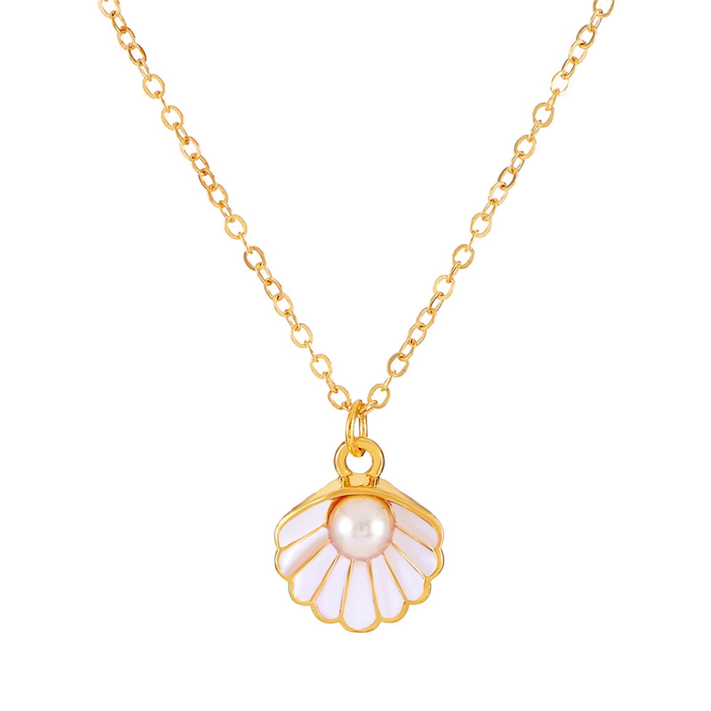 Seashell Pearl Pendant Necklace Gold Plated Boho Enamel Pink Blue Scallop Sea Shell Starfish Ocean Animal Chain Necklace for Women Hawaiian Summer Beach Holiday Fashion Jewelry Gifts (white)