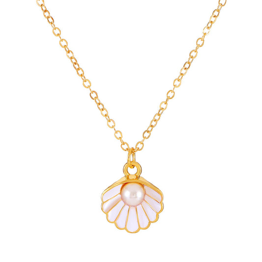 Seashell Pearl Pendant Necklace Gold Plated Boho Enamel Pink Blue Scallop Sea Shell Starfish Ocean Animal Chain Necklace for Women Hawaiian Summer Beach Holiday Fashion Jewelry Gifts (white)