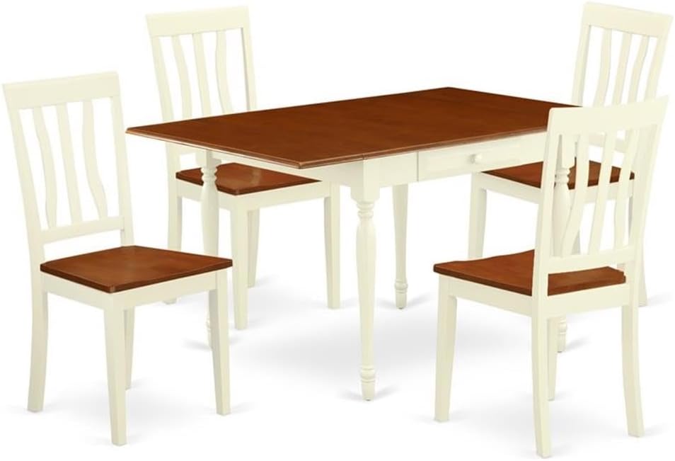 East West Furniture MZAN5-WHI-W 5 Piece Dinette Set for 4 Includes a Rectangle Dining Room Table with Dropleaf and 4 Kitchen Dining Chairs, 36x54 Inch, Buttermilk & Cherry