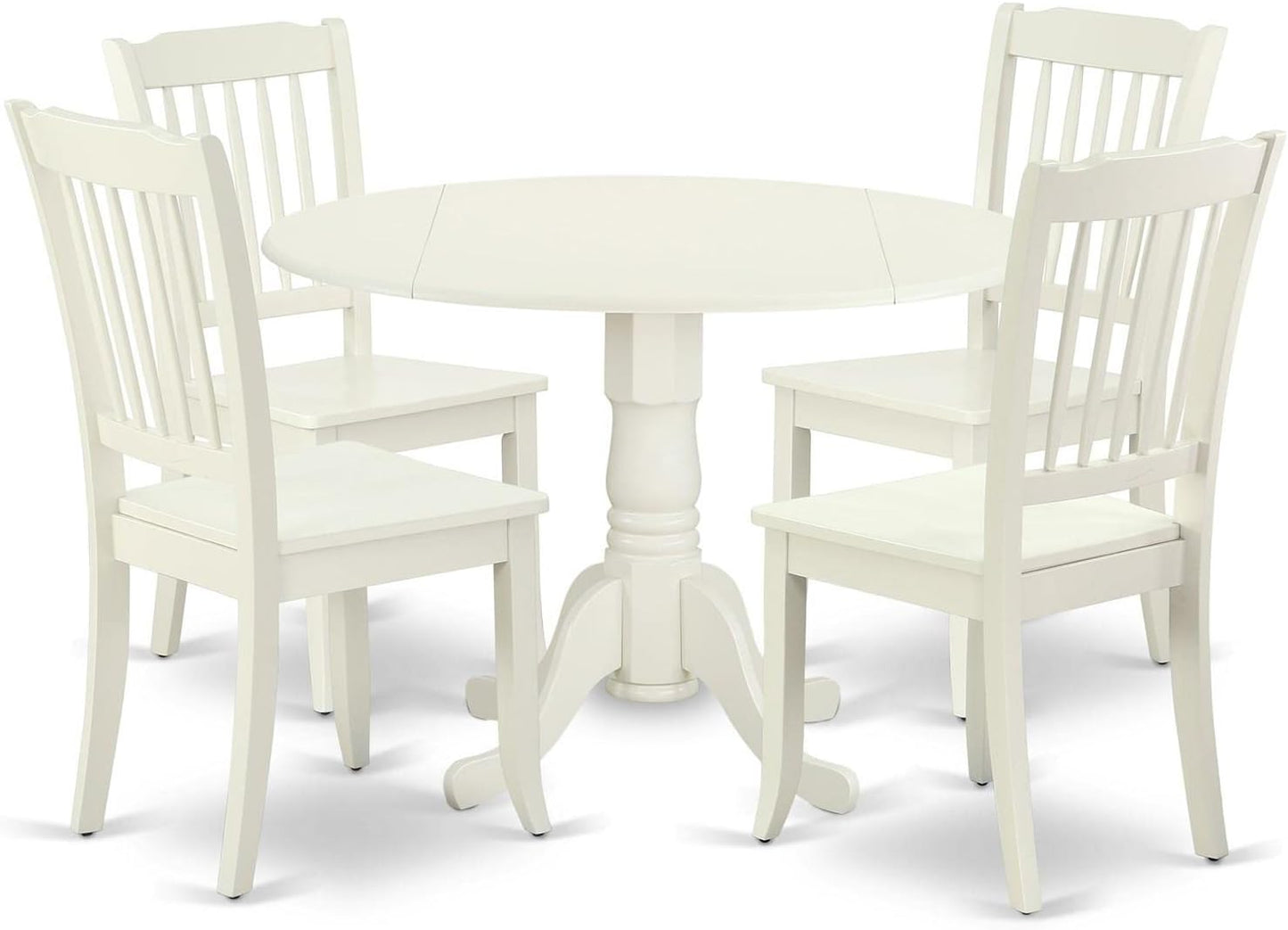 East West Furniture DLDA5-LWH-W 5 Piece Dining Room Furniture Set Includes a Round Kitchen Table with Dropleaf and 4 Dining Chairs, 42x42 Inch, Linen White
