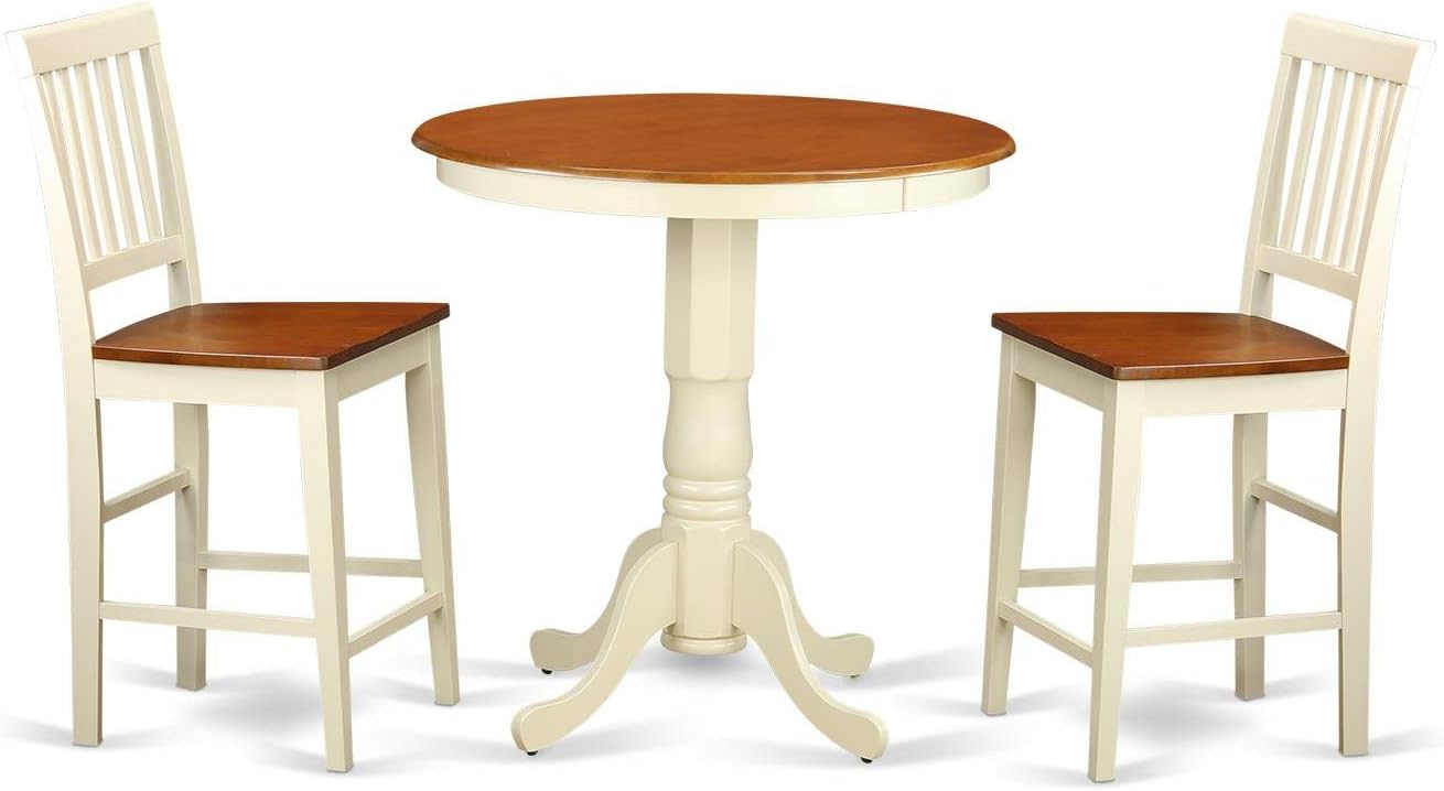 East West Furniture EDVN3-WHI-W 3 Piece Counter Height Dining Table Set Contains a Round Wooden Table with Pedestal and 2 Kitchen Dining Chairs, 30x30 Inch, Buttermilk & Cherry