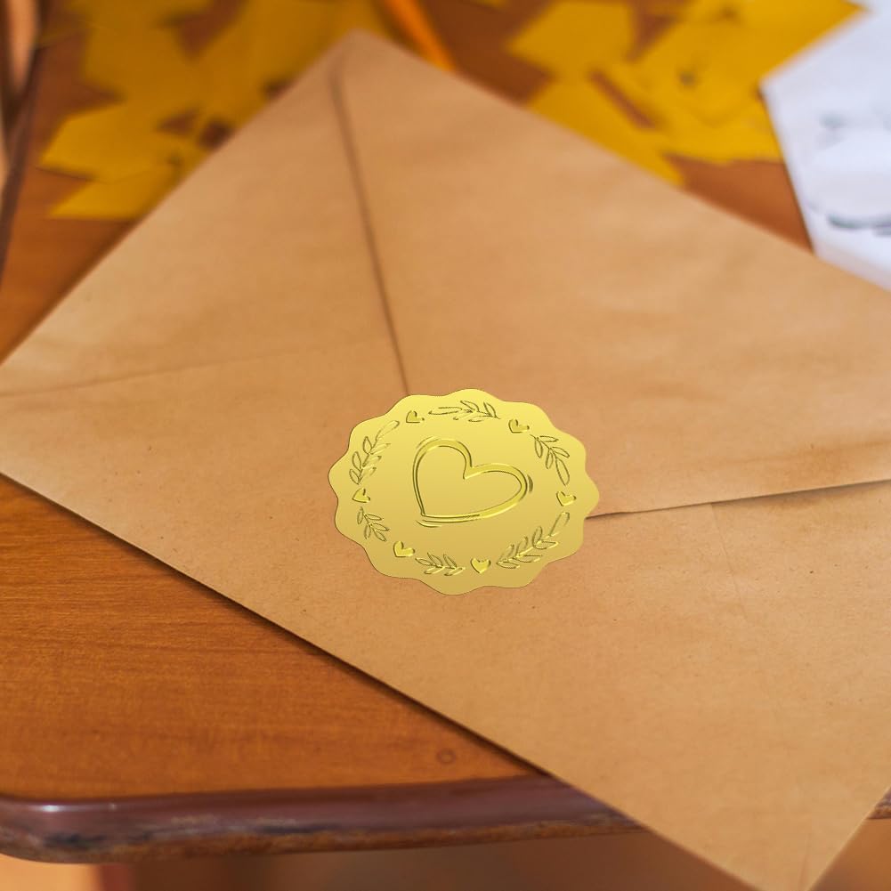 Peacoblue Gold Foil Sticker Seal Embossed 2 Inch 100Pcs Love Wreath, Self Adhesive Gold Around Embossing Sticker for Invitation Certificate Envelope Seal Gift Card Decoration