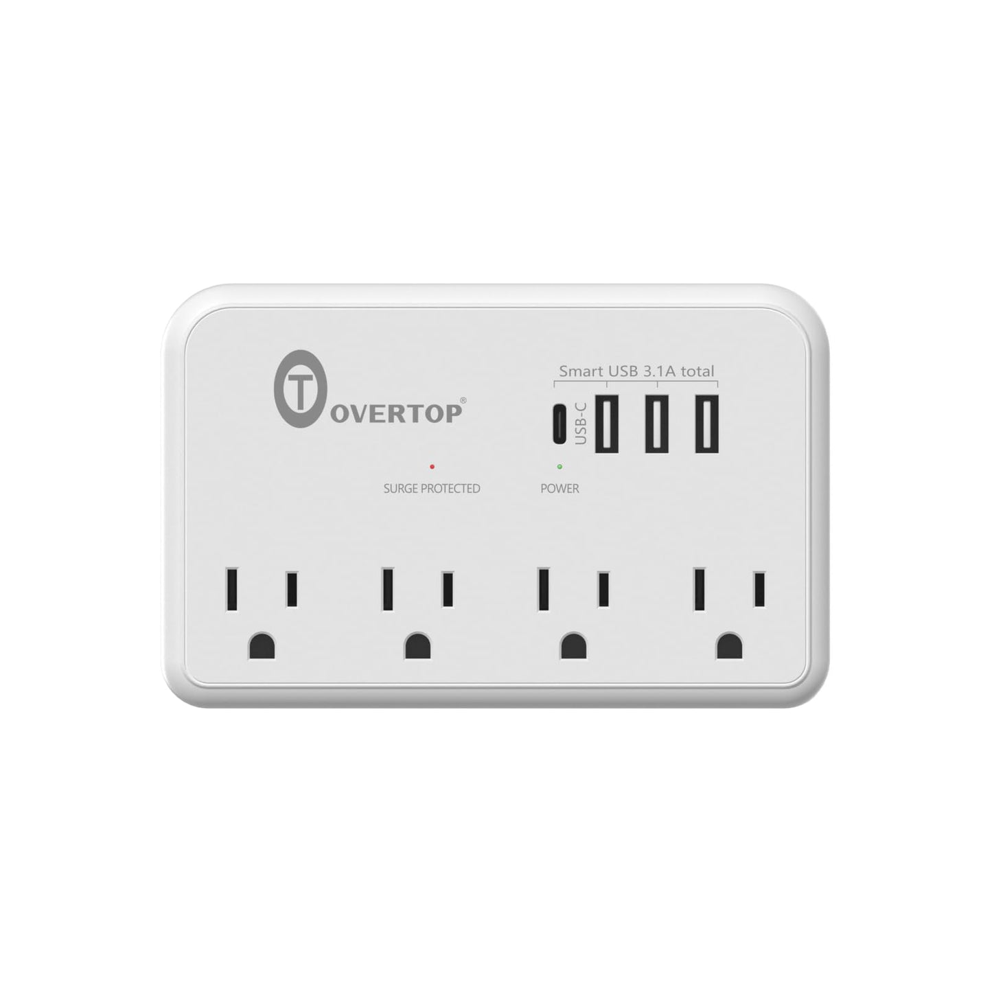 Overtop Wall Outlet Extender Surge Protector with 4 AC Outlets, 4 USB Ports(1 USB C) Multi Plug Expander Charger for Home, Dorm,