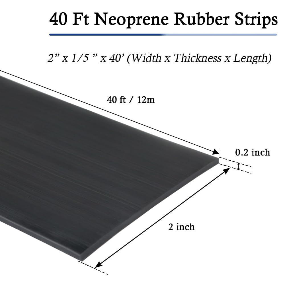 Neoprene Rubber Strips Self Adhesive Solid Rubber Sheets, Rolls & Strips for DIY Gaskets Crafts Pads Seals Warehouse Flooring Neoprene Sheet with Adhesive Backing (2" Wide x 1/5" Thick x 40' Long)