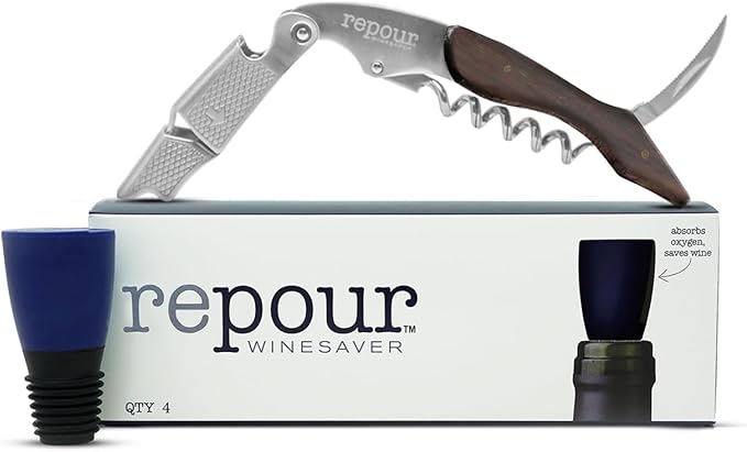 Repour Wine Essentials Combo Pack - Premium Corkscrew & Saver | Manual Key Removes Corks, Stopper Preserves Easily | Perfect for Lovers and Enthusiasts (Mahogany 4 Pack)