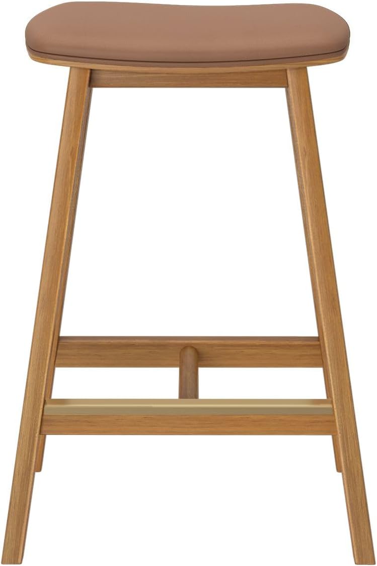 Plank+Beam Beryl Counter Height Stool - Mid-Century Modern Rubberwood Bar Stool with Faux Leather Seat, Metal Footrest, Easy Assembly, Pecan/Toffee