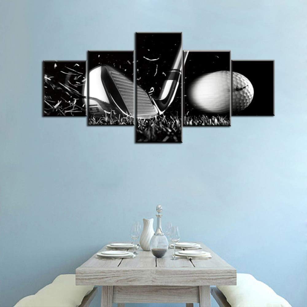 Golf Course Pictures White and Black Wall Art Golf Ball Paintings Multi Panel Printed on Canvas Landscape Artwork Modern Home Decoration Giclee Wooden Framed Gallery-Wrapped Ready to Hang(50''Wx24''H)