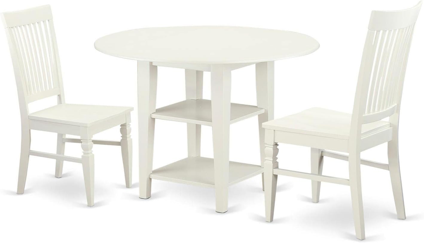 East West Furniture SUWE3-LWH-W 3 Piece Modern Dining Table Set Contains a Round Wooden Table with Dropleaf & Shelves and 2 Dining Room Chairs, 42x42 Inch, Linen White