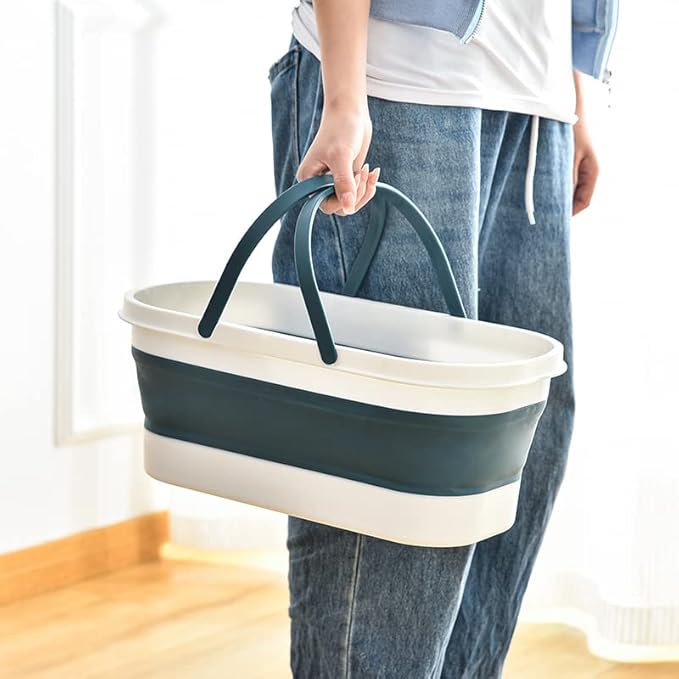 Collapsible Plastic Bucket with Wheels 12L (3.17 Gallon) for House Cleaning, Camping, and RV - Multi-Purpose Rectangular Handy Basket for Cleaning Mop - Lightweight and Portable (Grey)