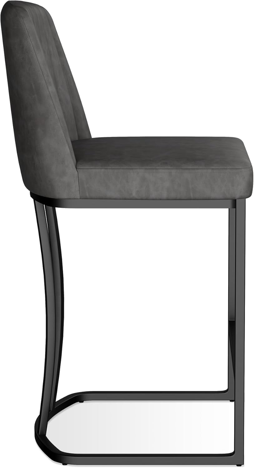 Counter Height Bar Stools Set of 2, Upholstered Leather Barrel Barstools with Back and Metal Legs for Kitchen Island, 27.4" Seat Height, Fabric in Faux Leather, Rustic Grey