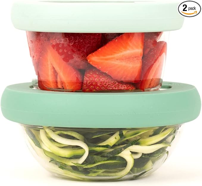 Food Huggers Replacement Lids for Glass Storage Containers | Silicone & Glass Lids that Don’t Crack | Fits Most Round Container Brands & Bowls | 100% Plastic Free | 2 Lid Set (S,M), Gradual Green