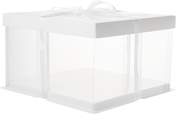Restaurantware-Sweet Vision 10 Inch x 8.25 Inch Transparent Cake Boxes, 10 Grease Resistant Base Clear Cake Boxes - White Lid, Gray Ribbon, Plastic Birthday Box, For Weddings Or Birthdays