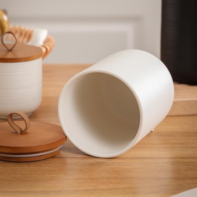 Food Storage Jar Strong Ceramic Storage Canisters with Airtight Wooden Lid,Kitchen Storage Containers for Serving Coffee Beans, Tea, Sugar, Salt, Spices (Medium white 27 oz)