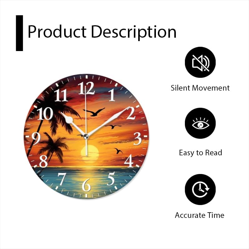 Sunset Wall Clock Non-Ticking Silent Clocks Battery Operated Analog Decor Clock for Home-Beautiful Sunset Over The Ocean with Palm Trees and Birds Flying in The Sky(10inch)