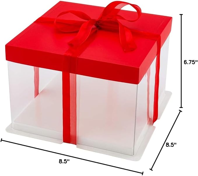 Restaurantware Sweet Vision 8.5 Inch x 6.75 Inch Transparent Cake Boxes 10 Grease Resistant Base Clear Cake Boxes - Red Lid Red Ribbon Plastic Birthday Cake Boxes For Weddings Or Birthdays
