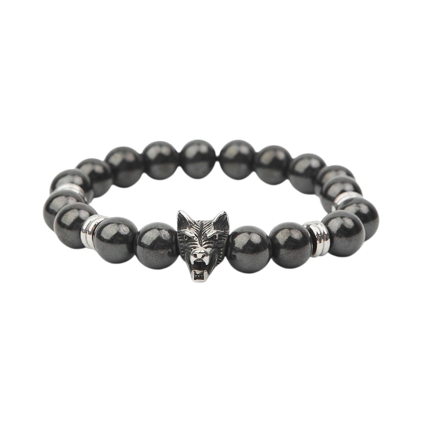 Karelian Heritage Shungite Stone Beaded Bracelet, Handmade for Men, Natural Stones and 7.3 Inch Elastic Stretch Band, Spiritual Chakra Crystal Healing Jewelry (Shungite & Wolf Charm)