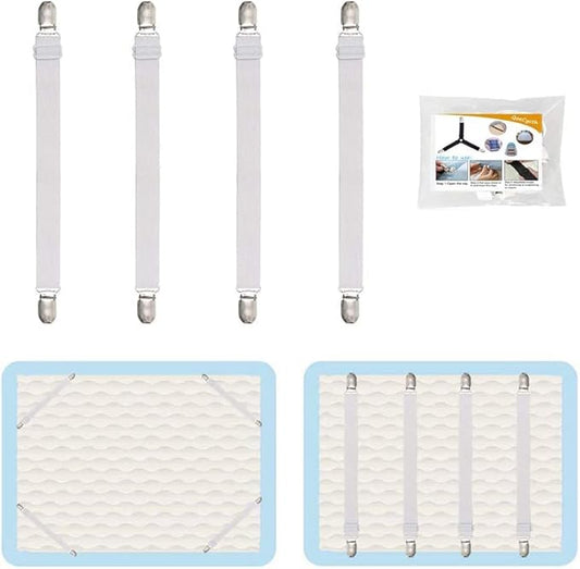 4Pcs Adjustable Bed Sheet Straps Clips, Elastic Mattress Sheet Fasteners Holder and Suspenders, Grippers to Hold Sheet, Mattress, Sofa, Couch, Table Cloth, Recliner Ironing Board Cover and More