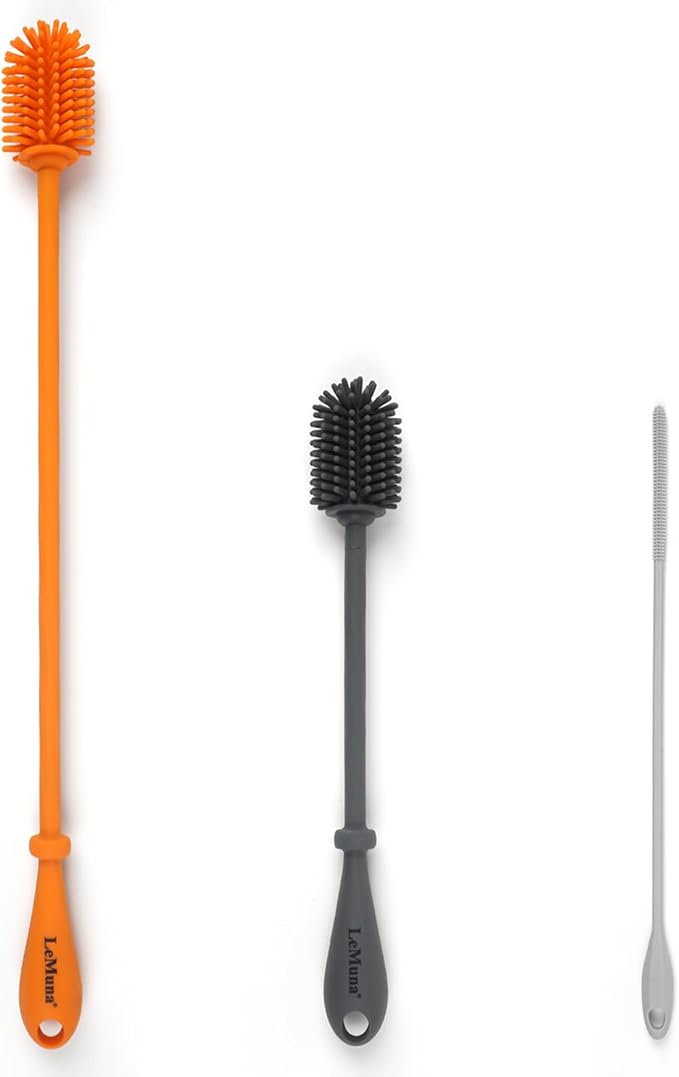LeMuna Silicone Bottle Brush, Water Bottle Cleaner Brush Set with Silicone Straw Brush for Narrow Neck Containers, Hydro Flask, Sports Bottle, Glassware