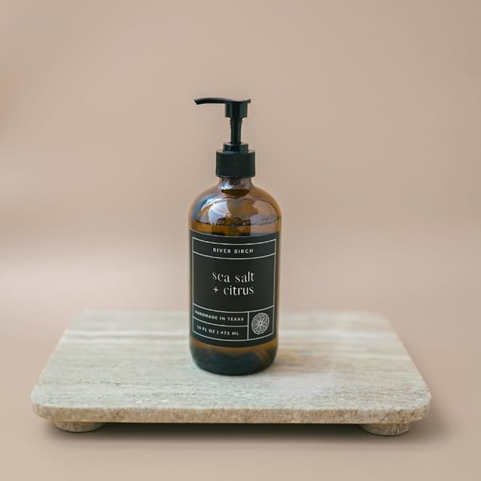 River Birch Sea Salt + Citrus Scented Natural Hand Soap - Handmade Soap - Moisturizing Hand Wash with Amber Glass Dispenser - Luxury Scented and Hydrating - Vegan and Non-Toxic - 16 Fl Oz