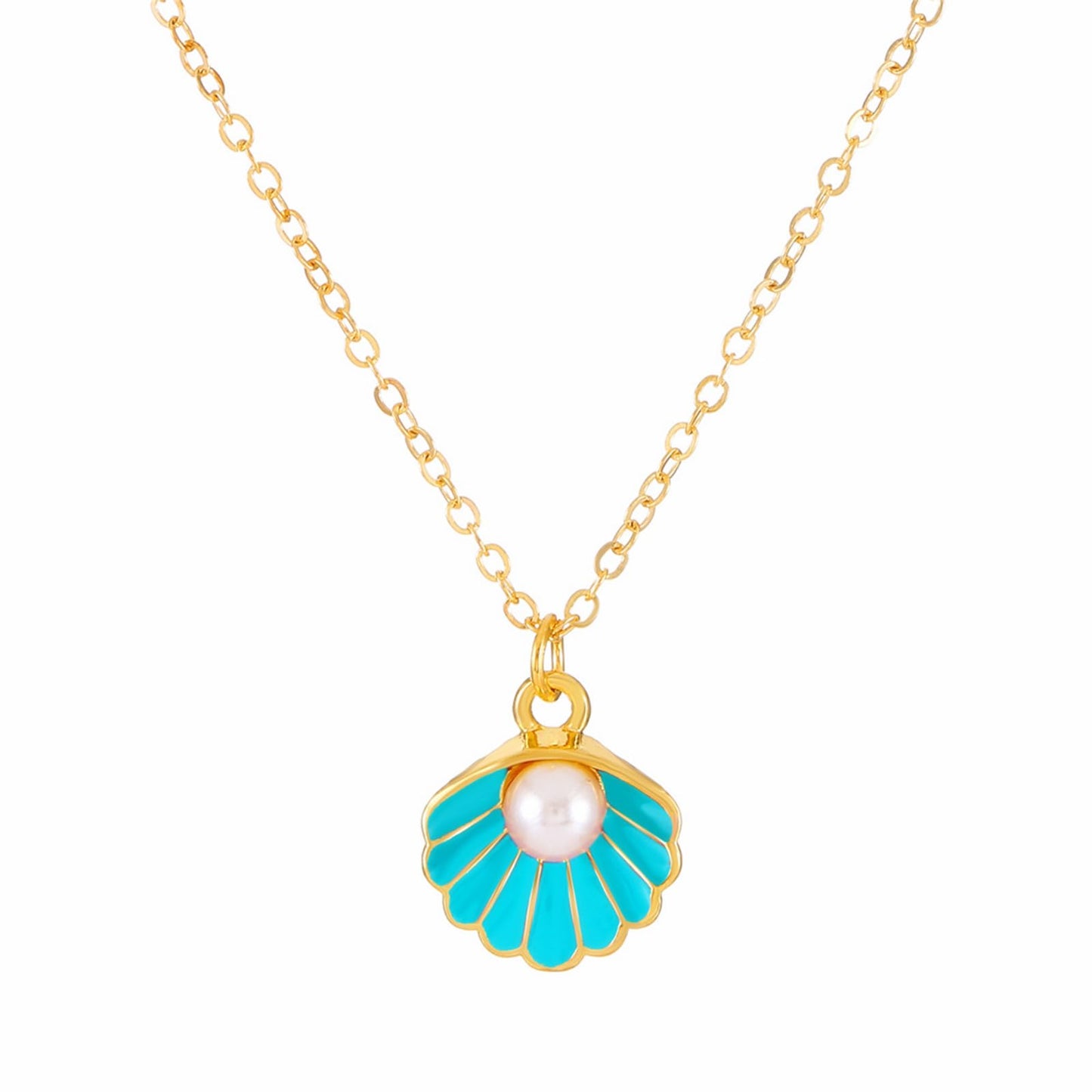 Seashell Pearl Pendant Necklace Gold Plated Boho Enamel Pink Blue Scallop Sea Shell Starfish Ocean Animal Chain Necklace for Women Hawaiian Summer Beach Holiday Fashion Jewelry Gifts (Blue)