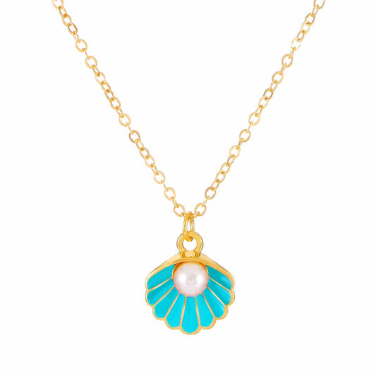 Seashell Pearl Pendant Necklace Gold Plated Boho Enamel Pink Blue Scallop Sea Shell Starfish Ocean Animal Chain Necklace for Women Hawaiian Summer Beach Holiday Fashion Jewelry Gifts (Blue)