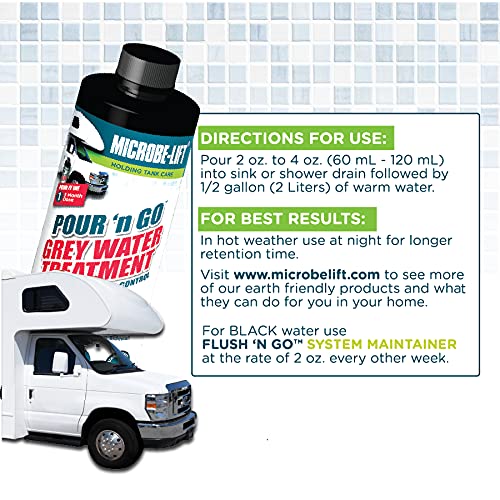MICROBE-LIFT Pour ‘n Go RV Grey Water Holding Tank Treatment - 3 Month Supply - Dissolves Grease, Oils, Fats, Reduces Odors, 32 Ounces