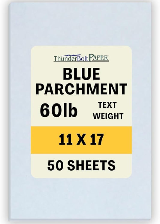 50 Light Blue Parchment 60# Text (=24# Bond) Paper Sheets - 11" X 17" (11X17 Inches) Tabloid|Ledger|Booklet Size - 60 Pound is Not Card Weight - Vintage Colored Old Parchment Semblance