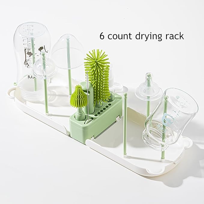 6-in-1 Travel Baby Bottle Brush Set,Silicone Brush Kit with Bottle Brush, Soap Dispenser,Nipple Brush,Straw Brush,Drying Rack,Storage Case,Stocking Stuffers for Women(Green)