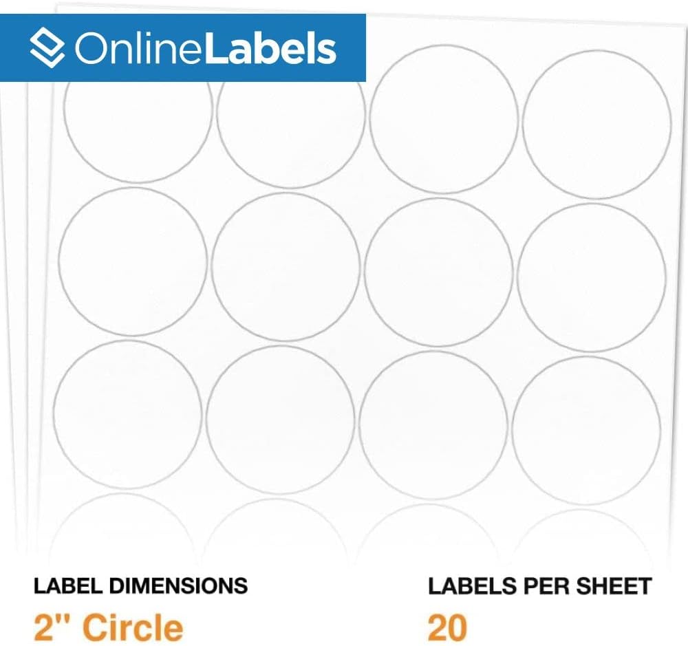 2" Round Labels - Permanent Adhesive, White Matte - Great for Candle and Jar Lids, Products, Favor Labels - Pack of 5,000 Circle Stickers, 250 Sheets - Inkjet/Laser Printers, OL5375WX, OnlineLabels