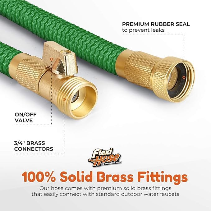 Flexi Hose with 8 Function Nozzle, 75FT - Lightweight Expandable Garden Hose, No-Kink Flexibility, 3/4 Inch Solid Brass Fittings and Double Latex Core - Green