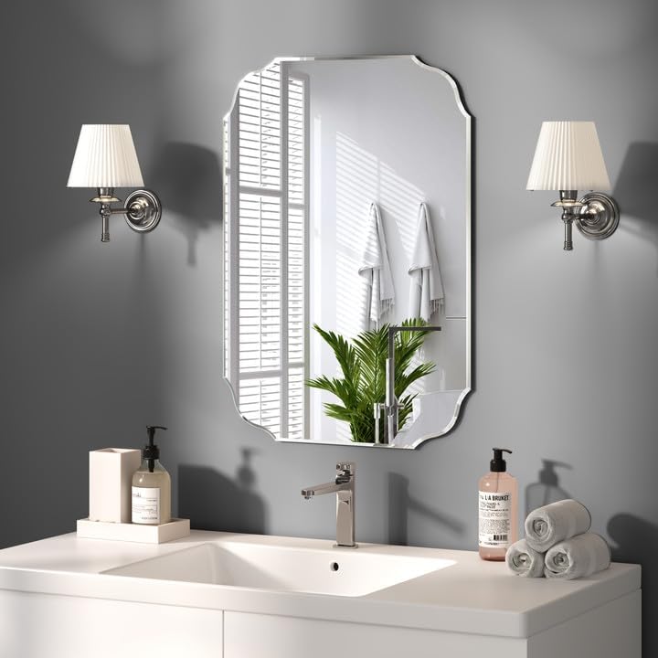 KOHROS Frameless Scalloped Beveled Edges Mirror 20" x 28" Bathroom Mirrors for Over Sink Silver Wall Mirror for Bathroom, Vanity, Bedroom (Horizontal or Vertical)