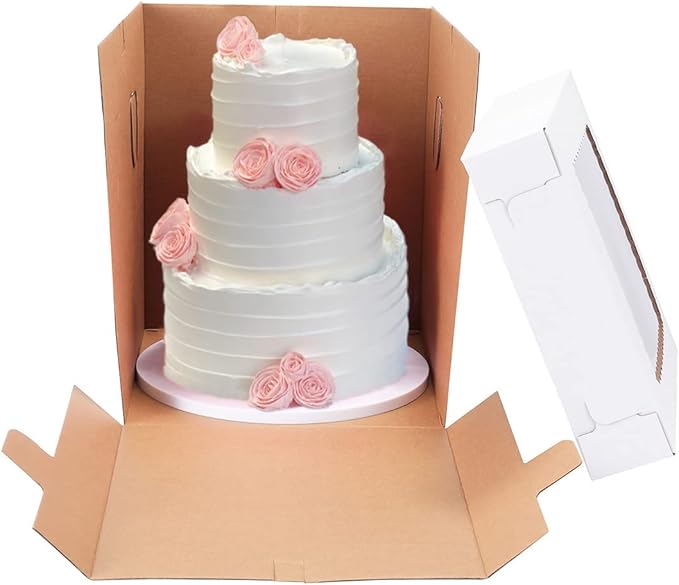 Tall Cake Boxes for Tier Cakes,2 Sizes 4 Pack 10x10x12in and 12x12x12in,Sturdy Cardboard Cake Boxes Shipping in 2 3 Tier for Layer Tiered Cakes，Disposable Cake Containers