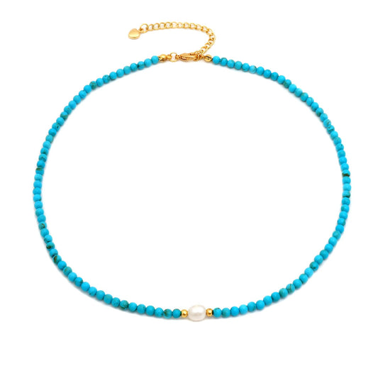 Turquoise Necklace for Women, 18K Gold Plated Dainty Small Turquoise Pearl Beaded Necklaces Handmade Beach Summer Boho Bead Necklaces for Women Blue Western Jewelry Non Tarnish 15.7 Inches