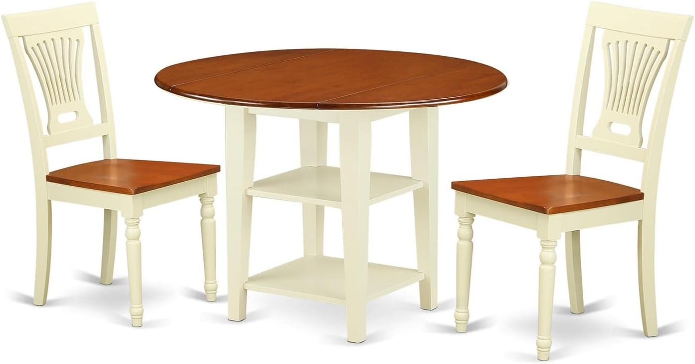 East West Furniture SUPL3-BMK-W 3 Piece Kitchen Table & Chairs Set Contains a Round Dining Room Table with Dropleaf & Shelves and 2 Solid Wood Seat Chairs, 42x42 Inch, Buttermilk & Cherry