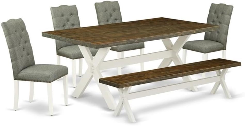 East West Furniture X077EL207-6 6 Piece Kitchen Table & Chairs Set Contains a Rectangle Wooden Table and 4 Gray Linen Fabric Parson Chairs with a Bench, 40x72 Inch, Multi-Color