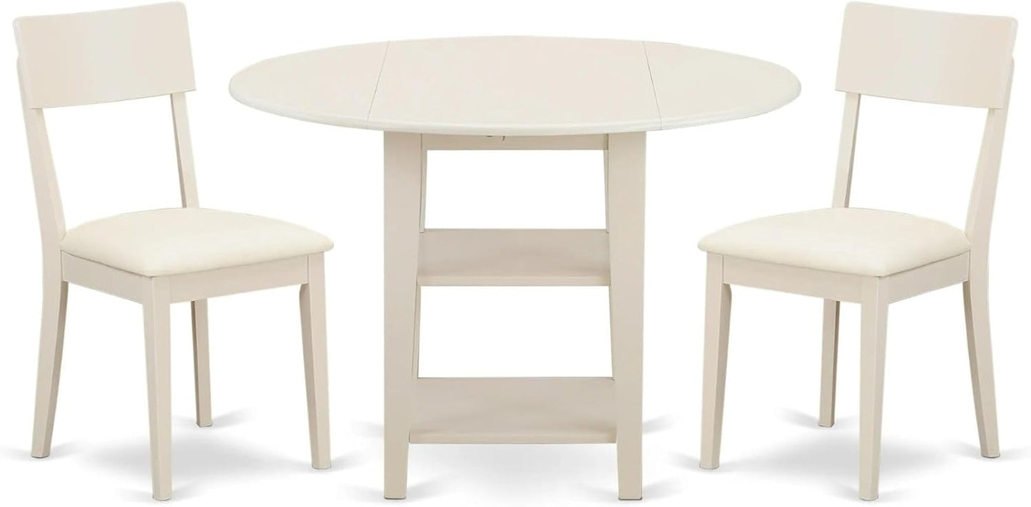 East West Furniture SUAD3-LWH-LC 3 Piece Dining Set Contains a Round Dining Room Table with Dropleaf & Shelves and 2 Faux Leather Upholstered Chairs, 42x42 Inch, Linen White